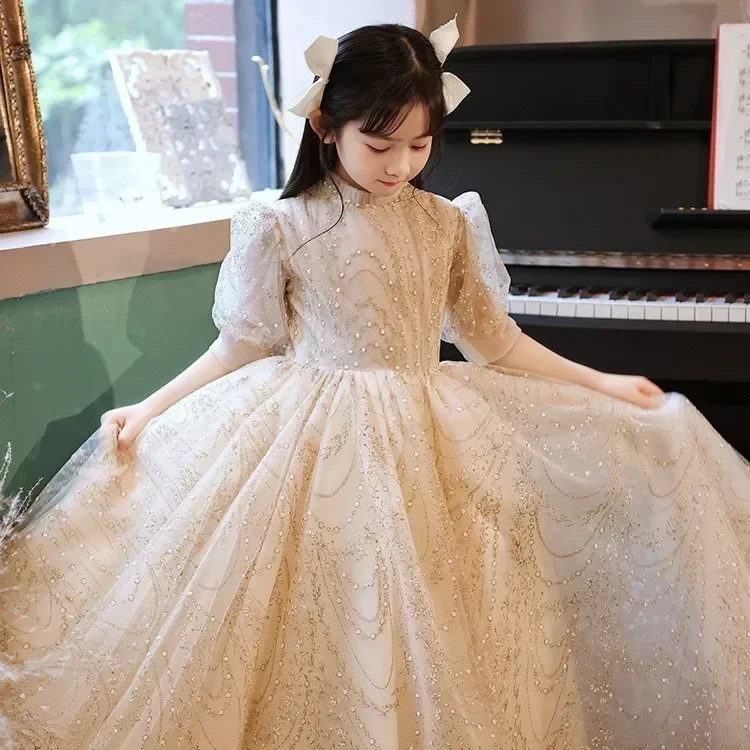 Vestido de niña de flores 2024 primavera nueva niña presentador de cumpleaños niña actuación de Piano dulce vestido de actuación