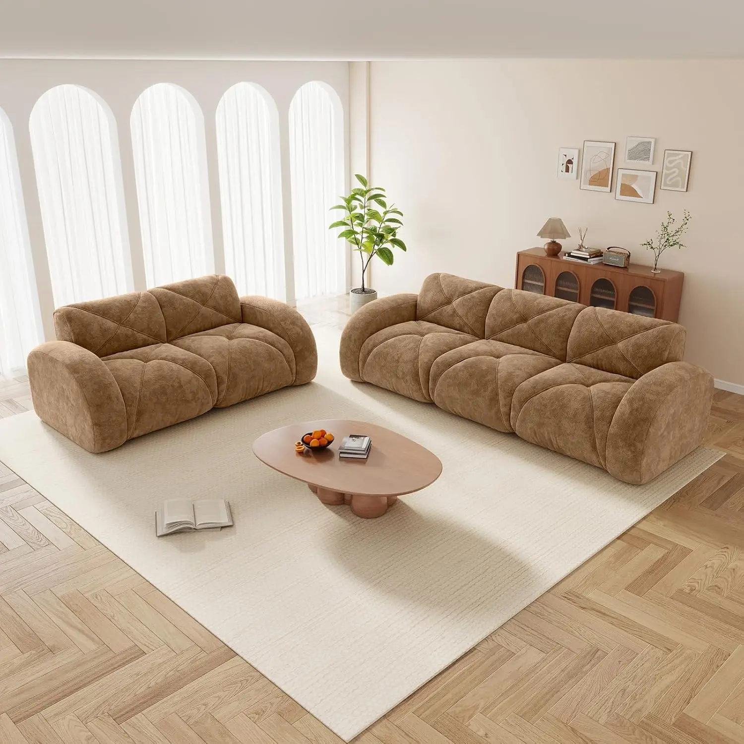 

2 Piece Soft Velvet Tufted Couch & Loveseat Set Deep Seat 32D High Density Sponge No Assembly Living Room Camel Customized