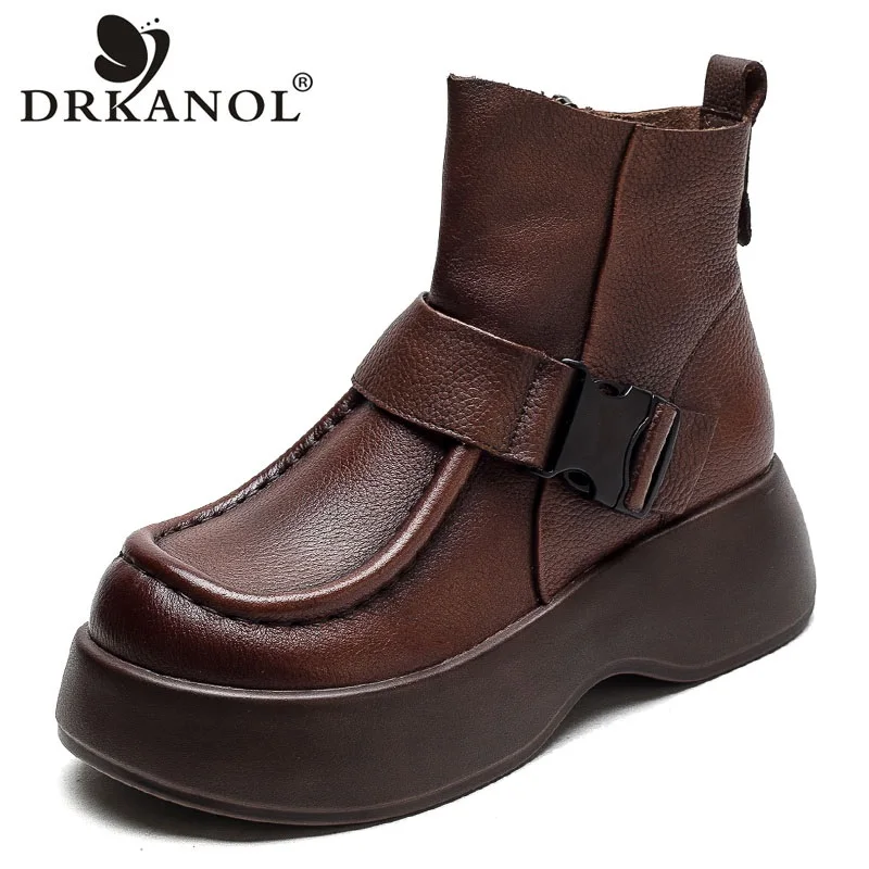 

DRKANOL Handmade Retro Wedges Heel Ankle Boots For Women Autumn Winter Genuine Cow Leather Chunky Platform Zipper Casual Boots