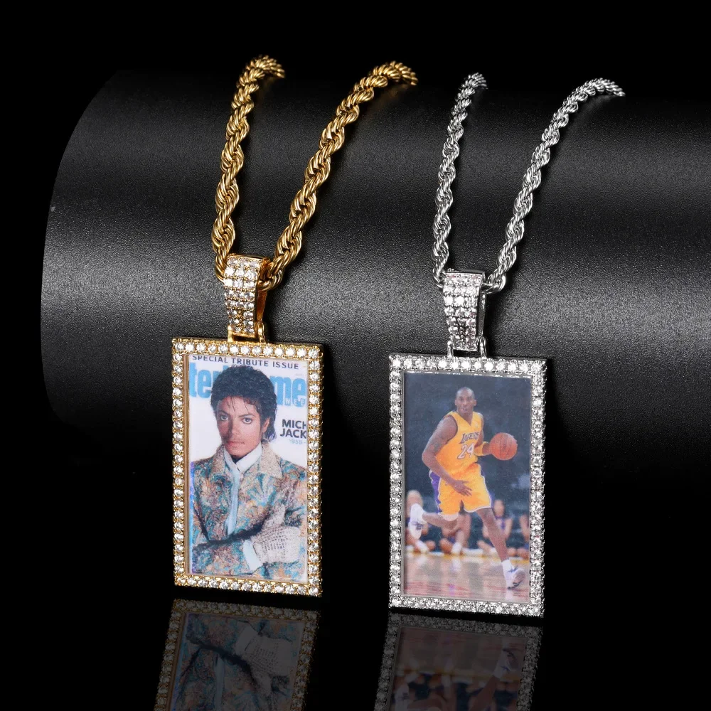 

ZGYXCZONE Memory Rectangular Photo Necklace Hip Hop Jewelry Zircon Men's personality customize Photo Frame Pendant