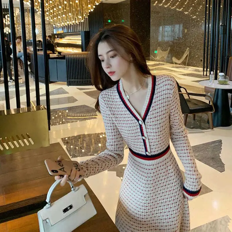 Women Clothes All-match Buttons Knitting V-neck Long Sleeve Midi Dress Autumn Winter Elegant Patchwork Slim Pullover Dresses