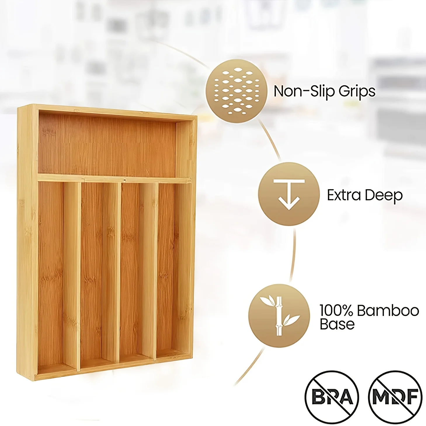 Bamboo Kitchen Drawer Organizer, Silverware Utensil Holder for Samll Drawer, Silverware Organizer for Cutlery Knives - view 2