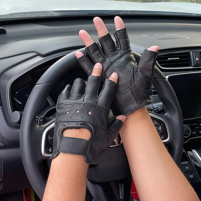 

1Pair Men Outdoor Black Soft Leather Mittens Driving Motorcycle Biker Fingerless Gloves Artificial Leather Half-Finger Gloves