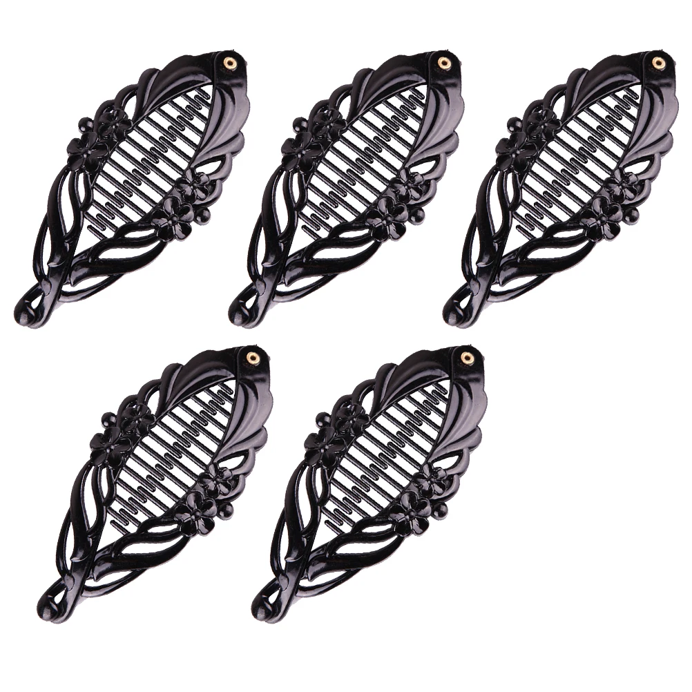 

5pcs Banana Clips Flower Fish Women Hairpins Ponytail Holder Black Plastic Non Slip Durable Reusable Hair Styling Tool Any
