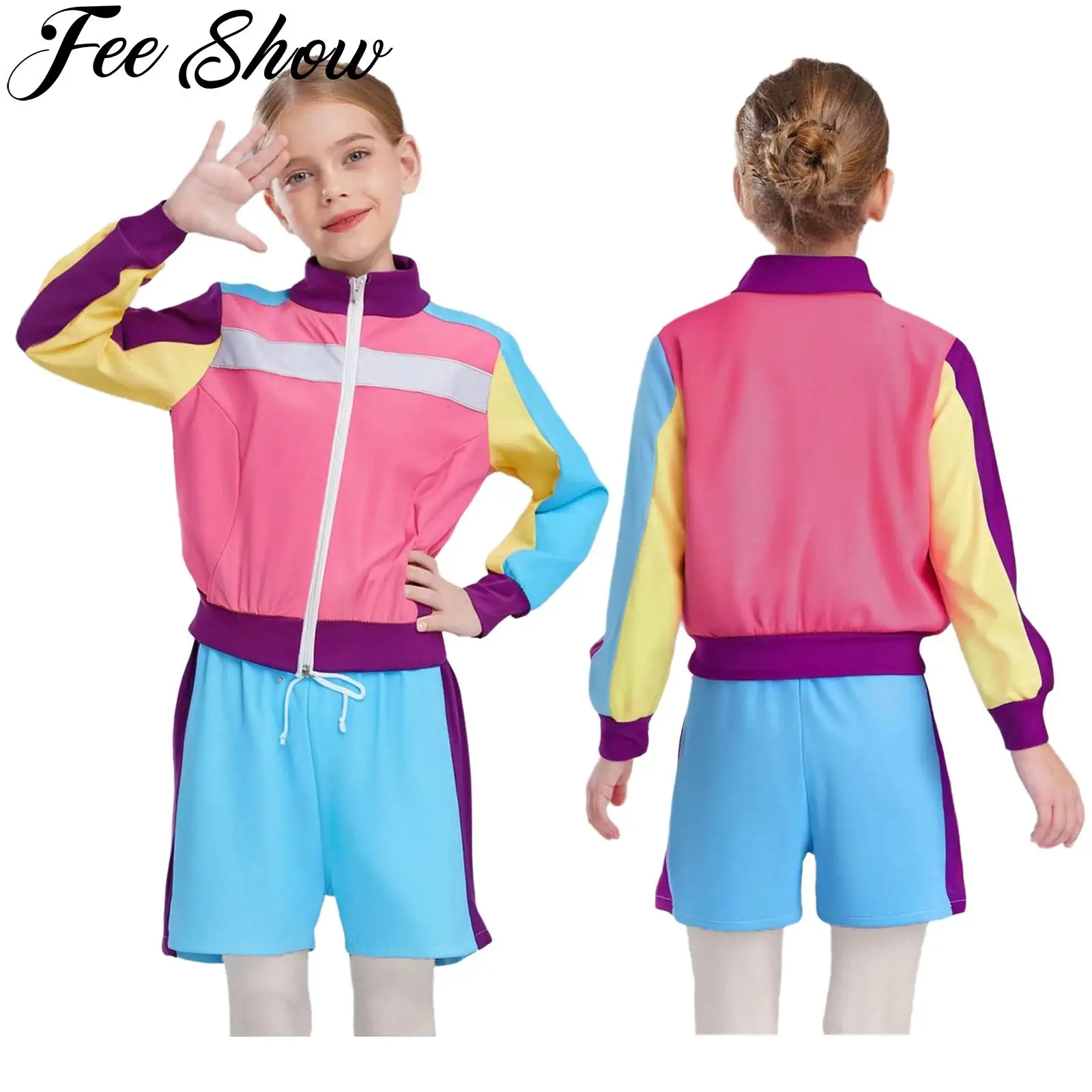 

Kids Boys Girls Retro Disco Dance Hippie Outfit Hip Hop Jazz Street Dance Performance Costume Zipper Sports Coat Top with Shorts