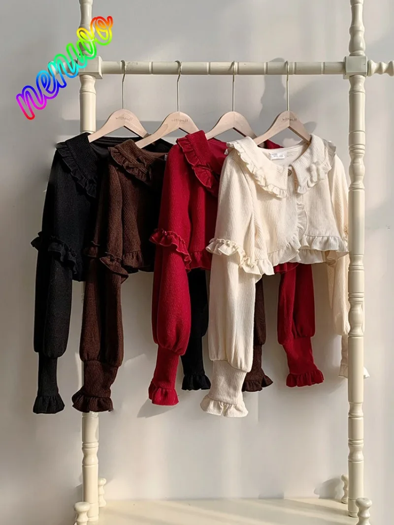 

Autumn Sweet Ruffle Lace Bow Sweater Coat Female Japanese Kawaii Lolita Style Knitted Short Cardigan Women Cute Slim Short Tops
