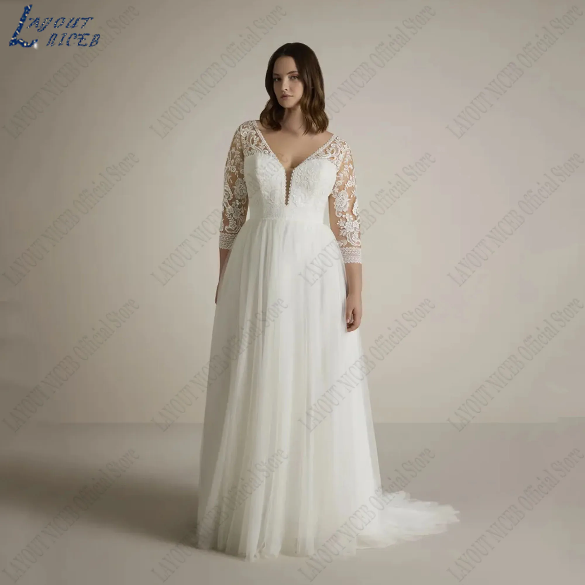 

LAYOUT NICEB V-Neck A-Line Wedding Dresses Large Size 3/4 Sleeves Bride Gowns Women Backless Appliques Tulle Vestido De Novia