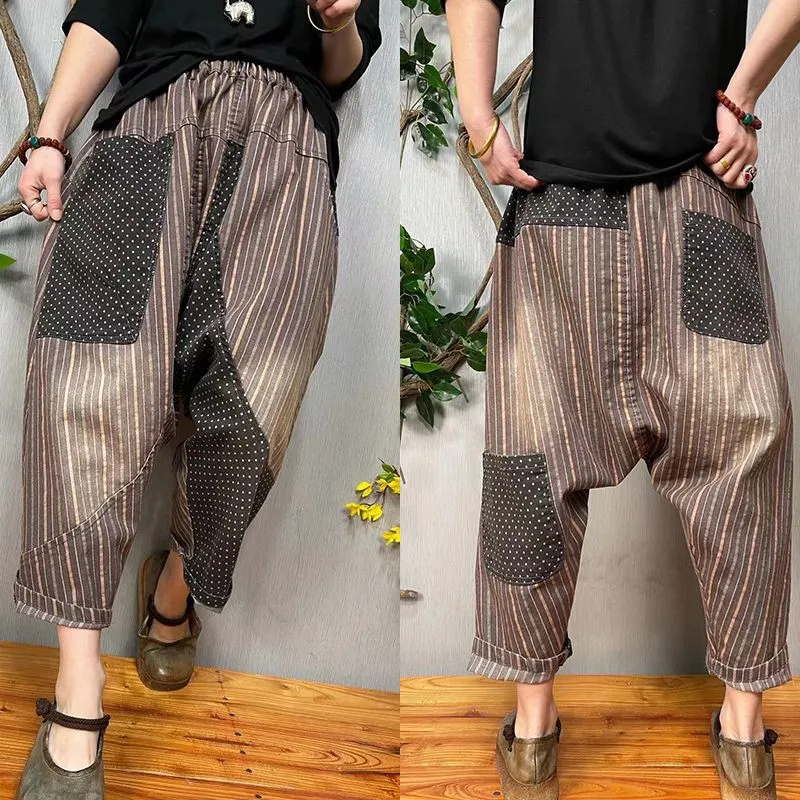 

2024 Spring Summer New Arts Style Women Elastic Waist Cotton Cross-pants Vintage Patchwork Stripe Big Pocket Loose Pants P583