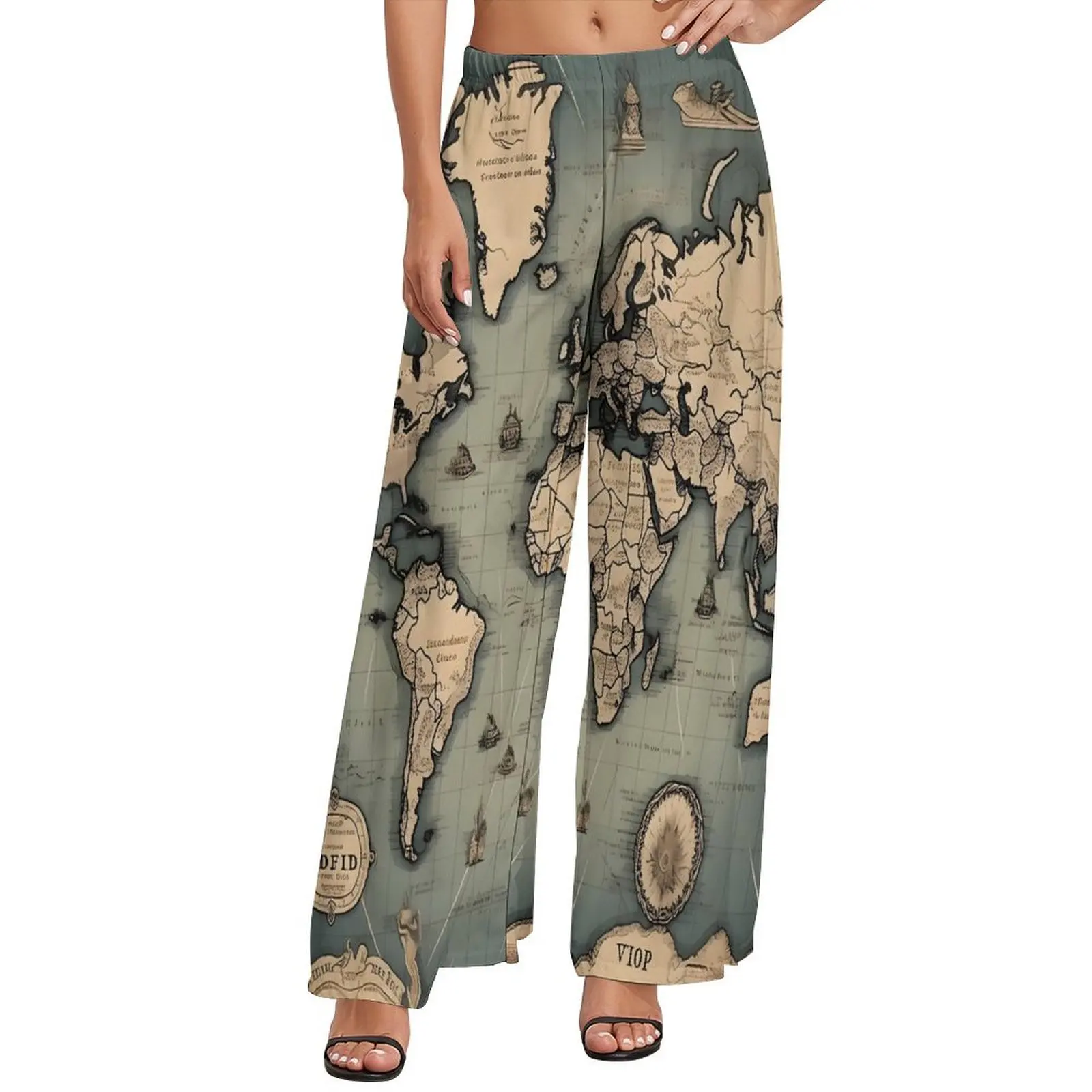 Vintage World Map Pants Elastic High Waist Historical Map Casual Trousers Street Fashion Design Wide Pants