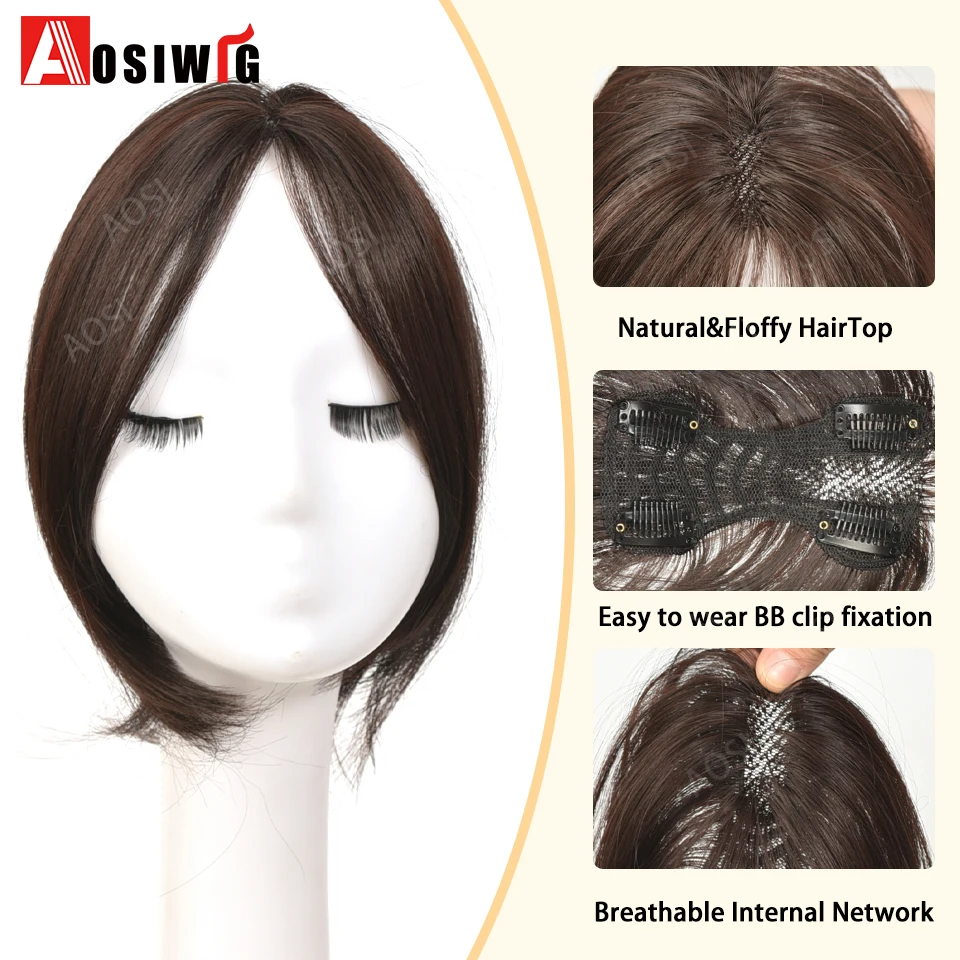 10inch Synthetic Short Straight Hair Topper With Bangs Invisible 3D Hair Toupee For Women Balding Hair-loss High Hair Line Clip-