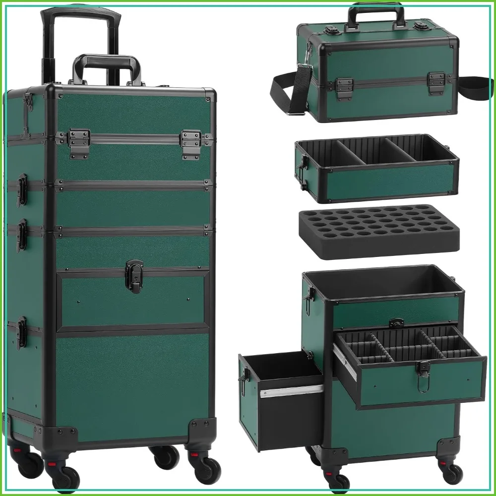 Rolling Makeup Train Case with Drawer, 4-in-1 Cosmetology Organizer on Wheels, Salon Barber, Green