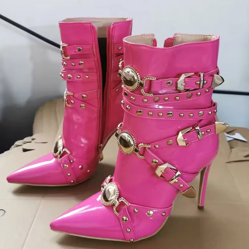 

Rose color Gold Round Buckle Belt Ankle Boots Pointed Toe rivets studs Straps Zipper Side Stiletto High Heels Boots Woman