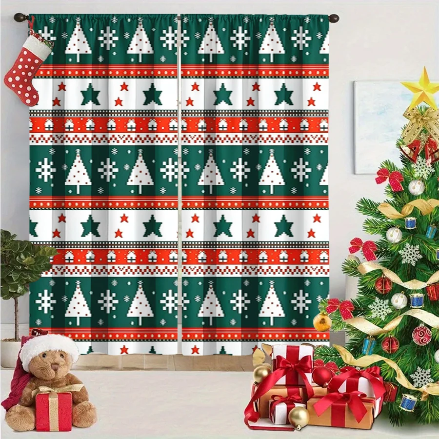 2PCS Christmas Winter Curtains, Knit Fair Isle Christmas Tree Snowflake Star, Digital Print, Bedroom Living Room, Home Decor