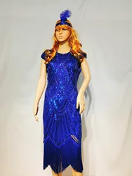 Vintage 1920s Flapper Great Gatsby Dress O-Neck Cap Sleeve Sequin Fringe Party Midi Dress Vestidos Verano Blue Summer Dress