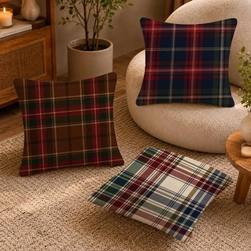 Pattern Plaid / Tartan Cushion Cover Short-Plush Cushion Cover Pillowcase — Suitable for Sofas Bedrooms and Home Decor