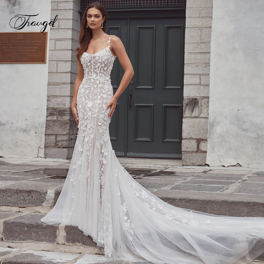 

Traugel Sexy Backless Strapless Lace Mermaid Wedding Dresses Luxury Spaghetti Straps Appliques Beaded Trumpet Bridal Gown