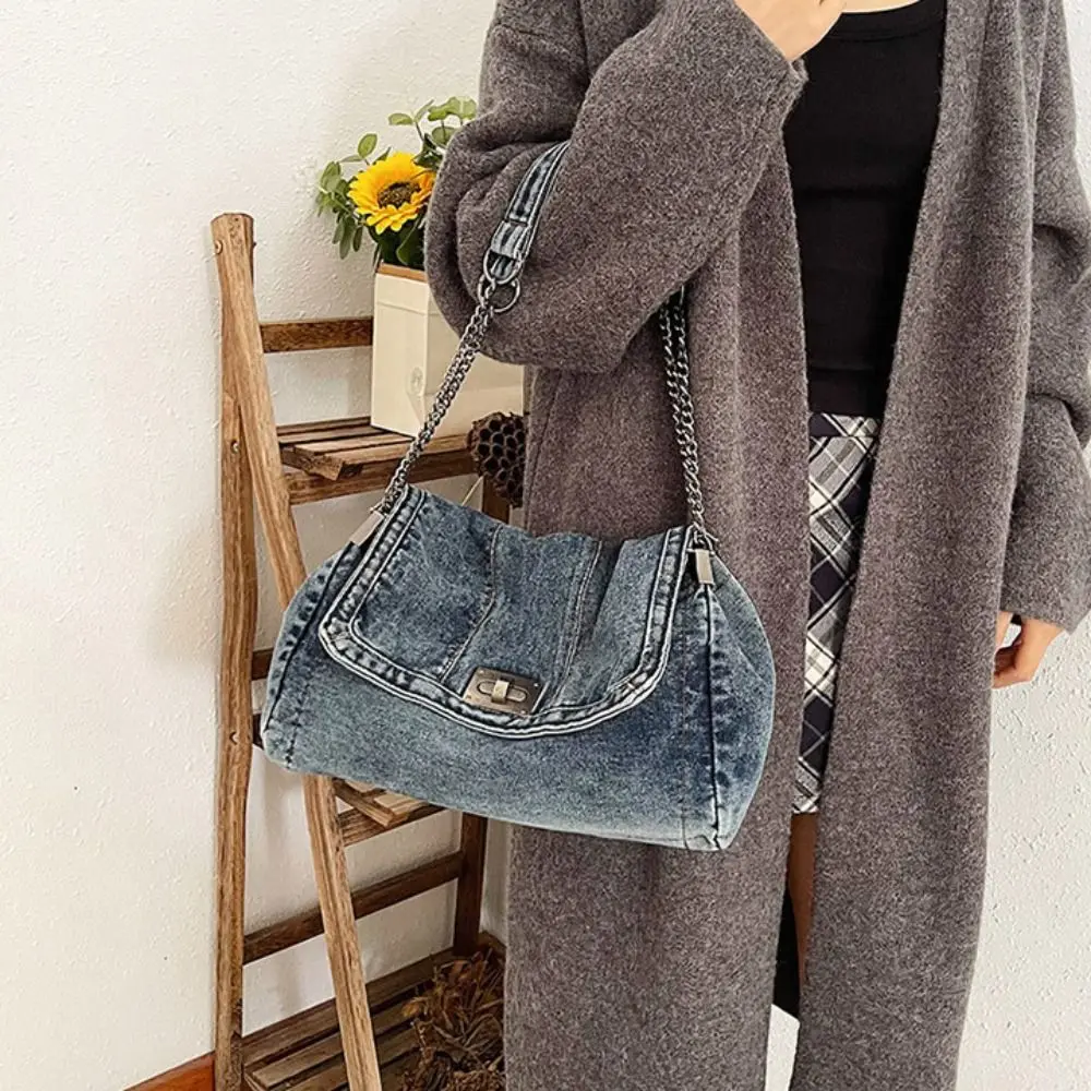 

Shoulder Bag Denim Canvas Bag Street Style Metal Chain Vintage Handbag Solid Color Large Capacity Solid Crossbody Bag Travel