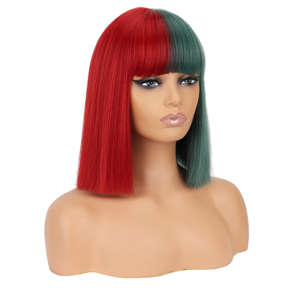 Pelucas sintéticas cortas y rectas para mujer, cabello rojo y verde con flequillo, Material resistente a altas temperaturas, Cosplay, navidad