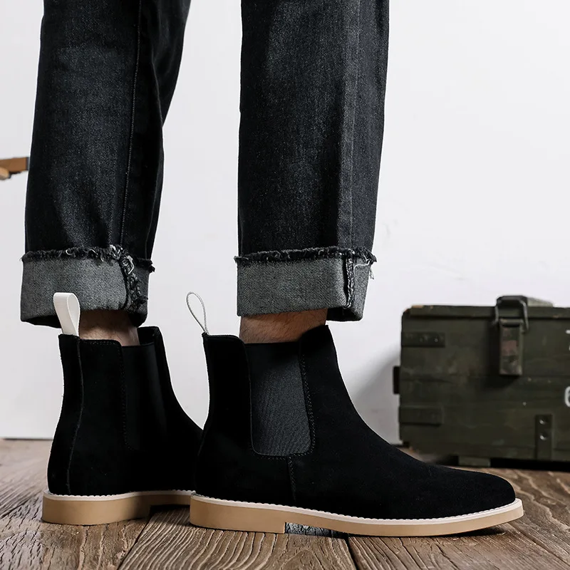 England style mens casual chelsea boots black beige cow suede leather shoes cowboy ankle boot breathable handsome short botas