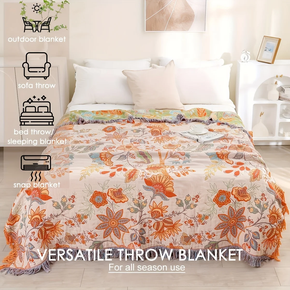 Boho Floral Reversible Throw Blanket with Tassels Soft Cozy Green Leaf Design for Couch Bed And Armchair