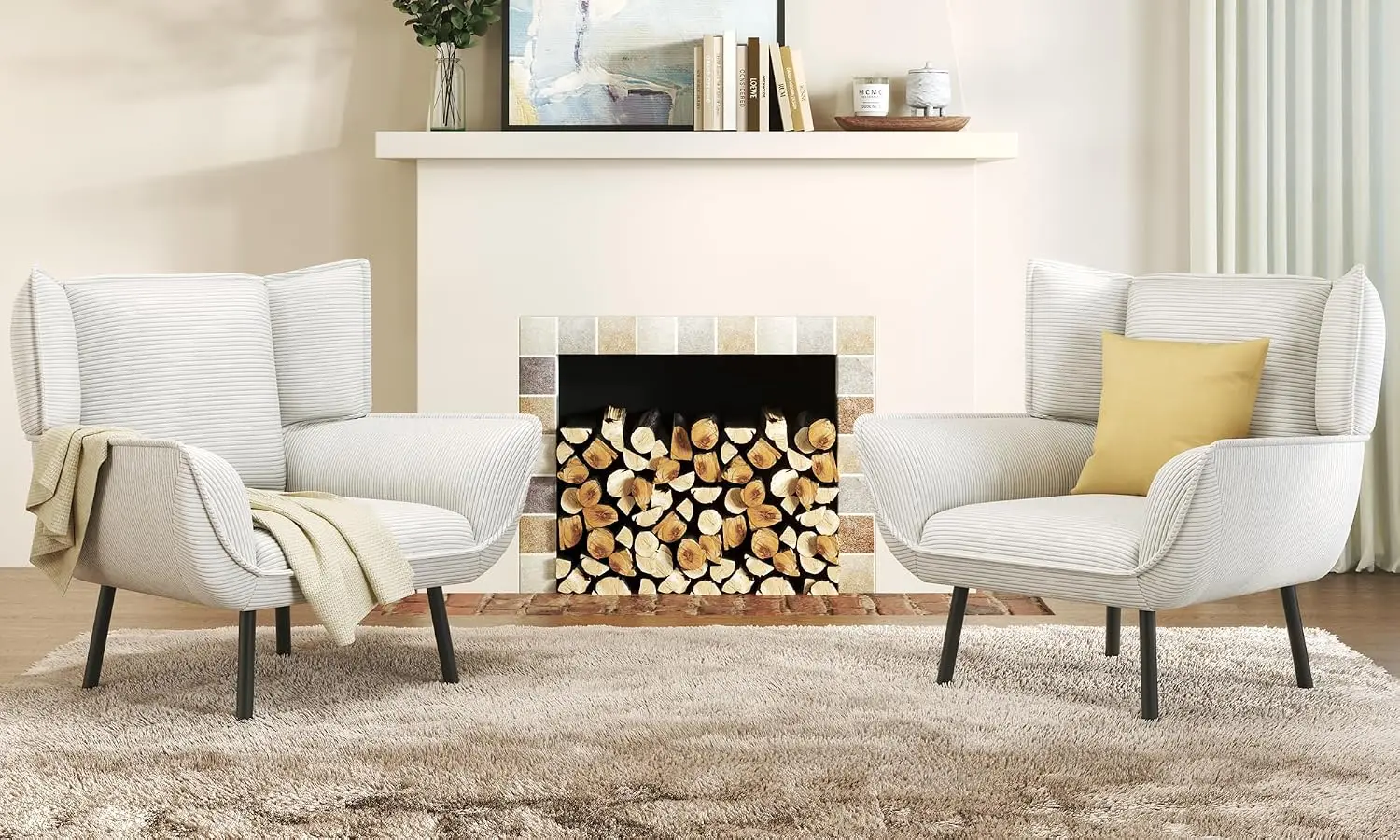 Wingback Accent Chair Set of 2 Corduroy Upholstered Reading Armchair White, Customized