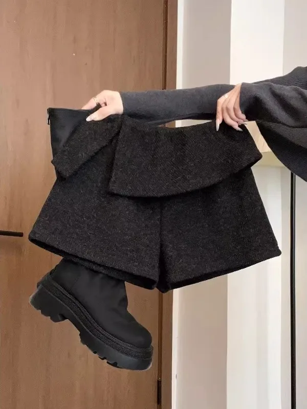 

plus Size Women's Woolen orts Autumn Winter High Waist A-Line Split Pants Commute Sle Korean Version Straight Tube