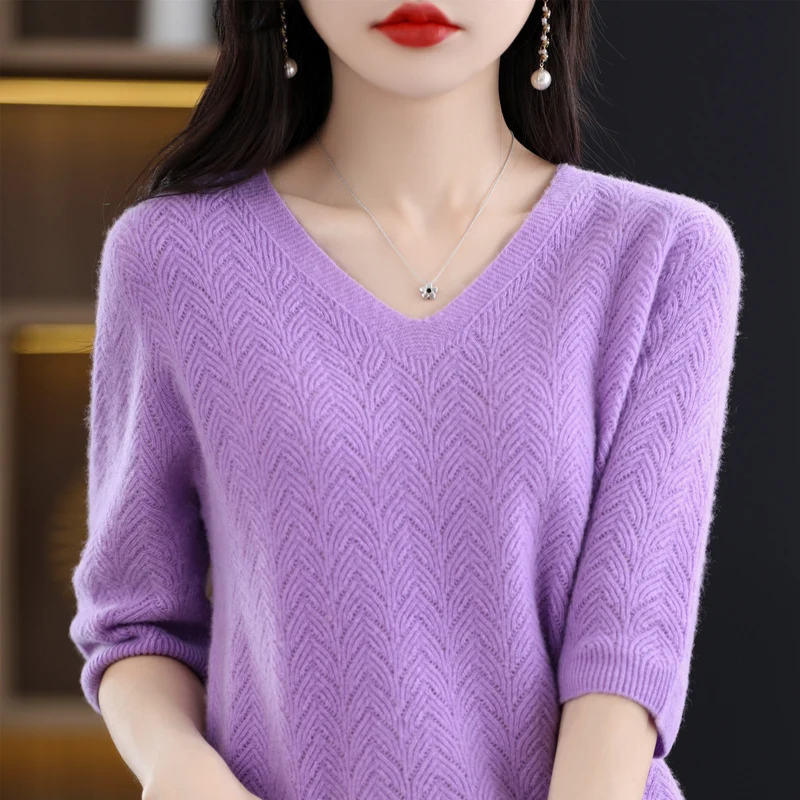 Summer new knitted hollow women's V-neck short sleeve 100% Merino wool pullover vest fashion Korean top T-shirt