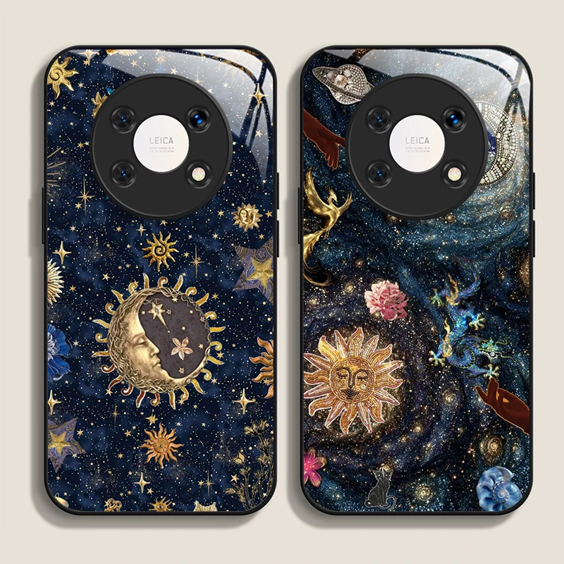 Artistic Moon Sun and Stars Pattern Tempered Glass Phone Case for Huawei Honor 400 200 Lite 100 Pro 90 80 Magic 7 6 5 Pro Cover