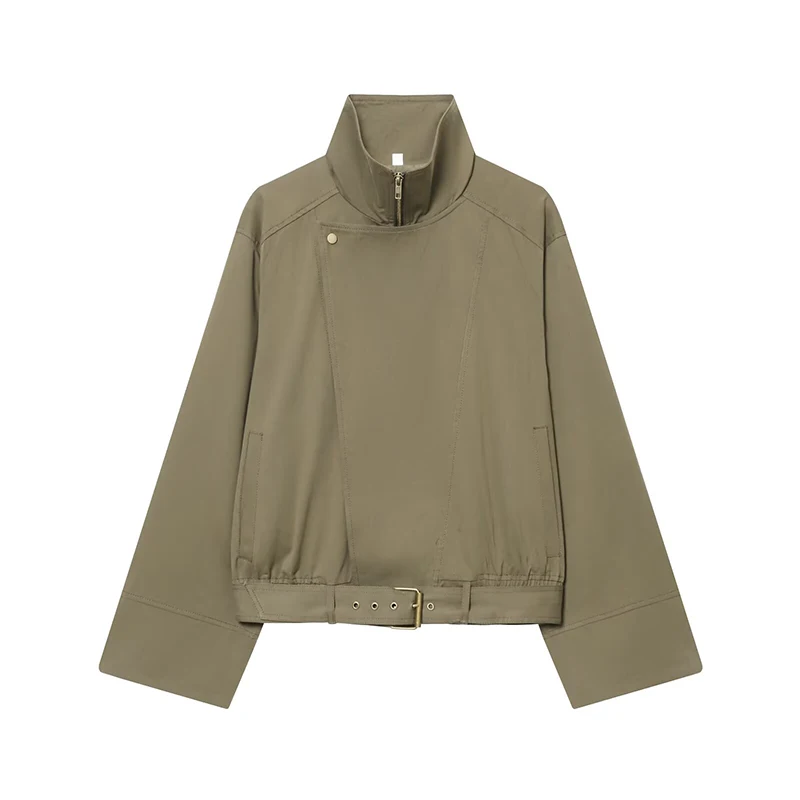 

Women's Jacket Autumn 2025 New Fashion Long Sleeve High Collar Jackets Coat With Belt High Street Casual New Outerwear