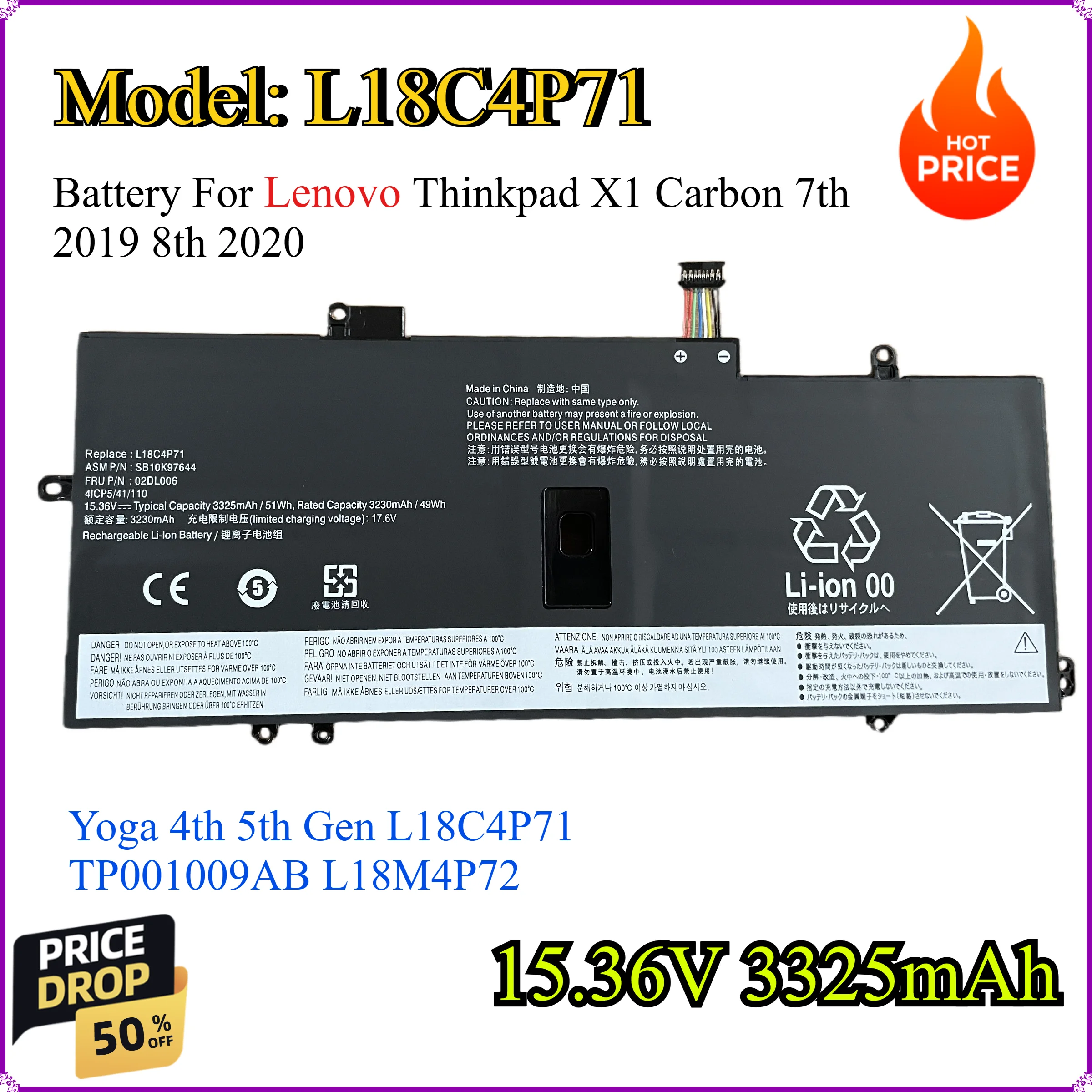 

L18C4P71 15.36V 3325mAh Battery For Lenovo Thinkpad X1 Carbon 7th 2019 8th 2020 Yoga 4th 5th Gen L18C4P71 TP001009AB L18M4P72