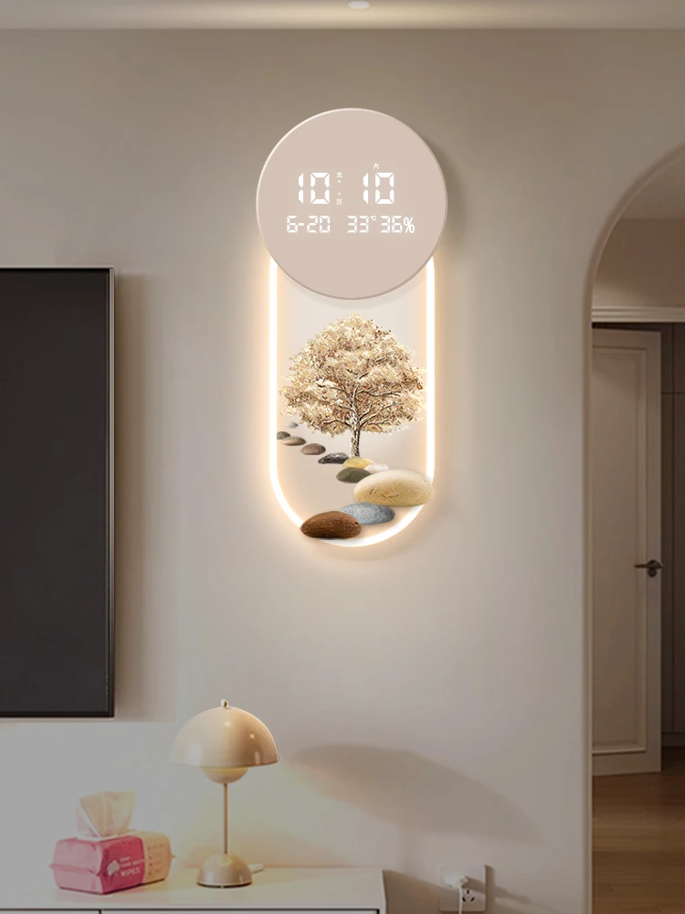 Living room clock 2025 new perpetual calendar electronic clock creative decoration painting night scene wall lamp