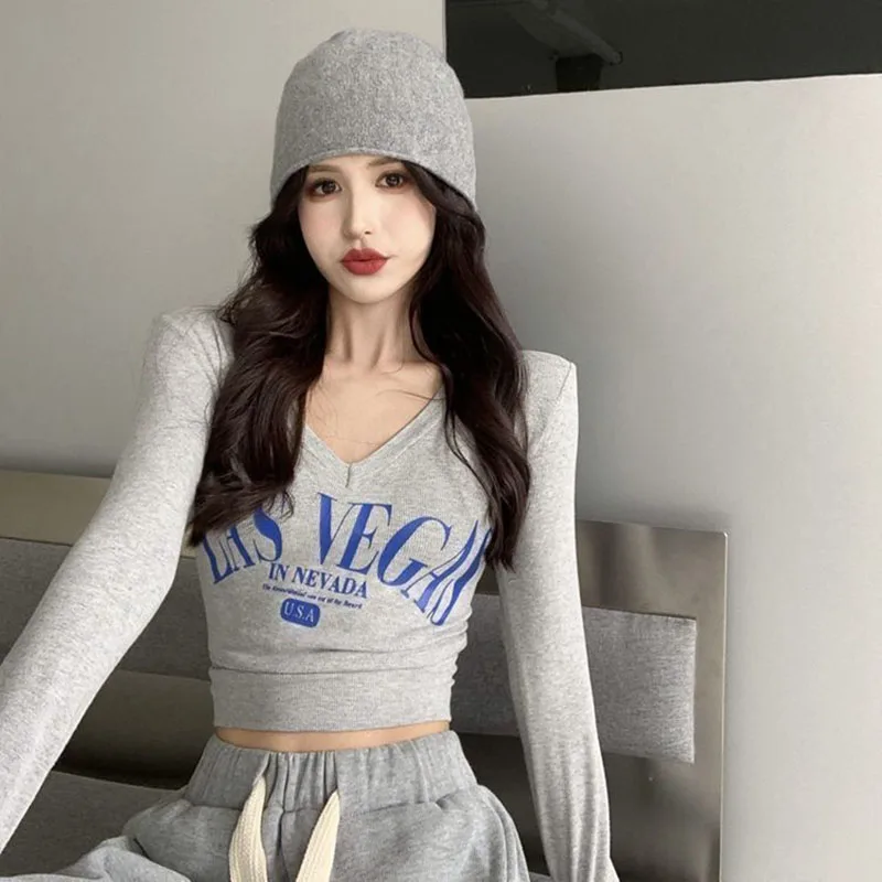 Lucyever Harajuku Letter Printing Crop Tops Women Korean V-Neck Long Sleeve White T Shirts Woman Sexy Slim Fit Y2K Short Tees