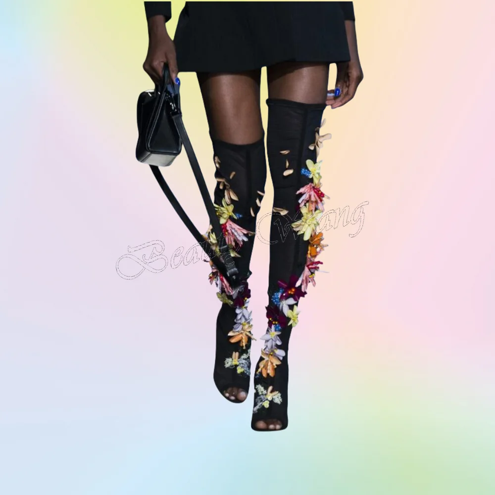 

Black Flower Decor Peep Toe Boots Long Shoes Over the Knee Thin High Heel Shoes for Women Shoes 2025 Zapatos Para Mujere