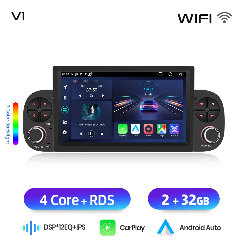 Junsun 7 "Draadloze CarPlay Android Auto Radio voor Fiat Panda 2013 2014 2015-2020 GPS Stereo multimedia WiFi 4G 8core RDS