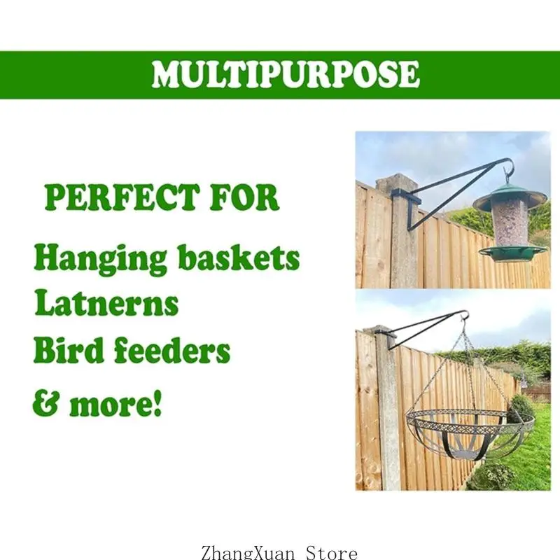 Flower Basket Support Arm for Fence Post, Metal Holder Set of 4 for 16 Inch Baskets, Balcony Outdoor Display Layout for
