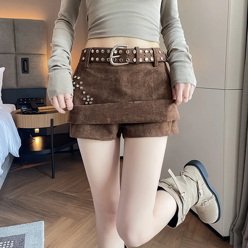 Retro Sparkling Beads Suede  Skirt High Waist Slim Design A-Line Short Skirt with Belt for Women Autumn Winter Fashion