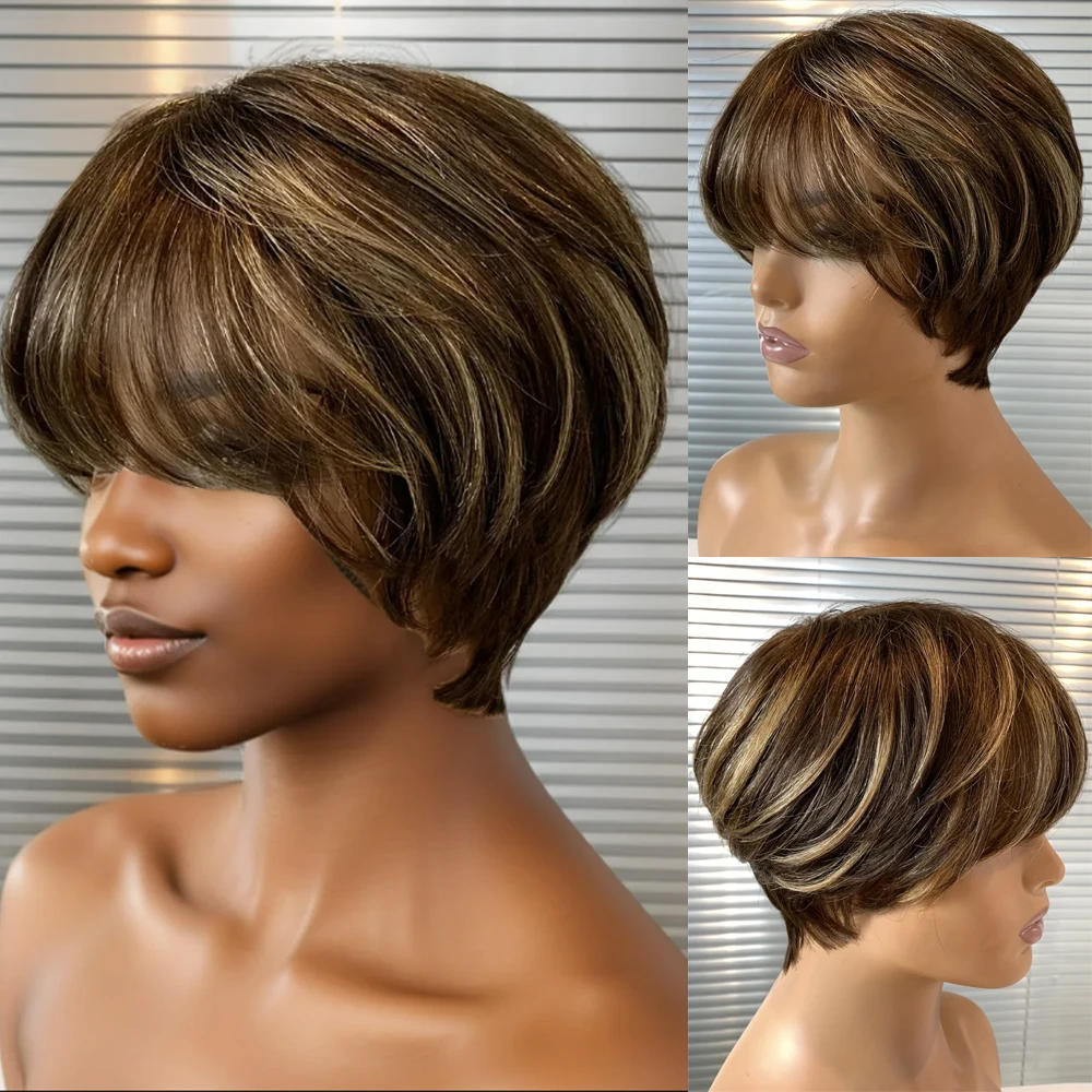 

﻿ ﻿ Ombre Blonde P427 Выделенный цвет парик из человеческих волос Короткая многослойная стрижка пикси для женщин Парик машинного производства