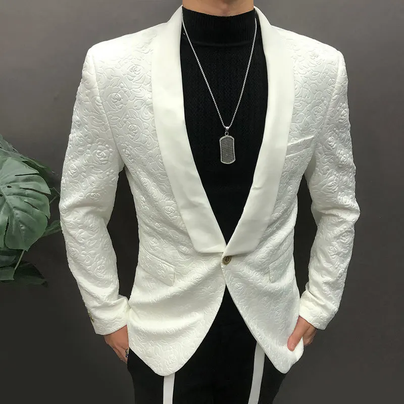 Luxury White Rose Jacquard Blazer Slim Masculino Business Casual  Wedding Suits For Men Tuxedo Smoking Homme Mariage Costume