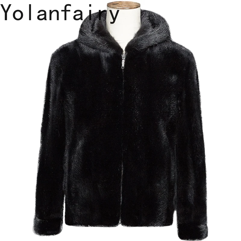

YOLANFAIRY Высококачественные куртки из норкового меха для мужчин, осенне-зимняя шуба с капюшоном из натурального меха, мужская одежда, черные шубы, куртка