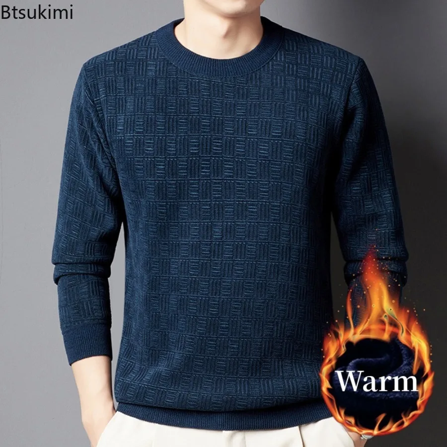 2024 Men's Autumn Winter Sweater Tops Knitted Solid Round Neck Warm Sweaters Casual Jacquard Weave Plush Warm Pullovers for Men