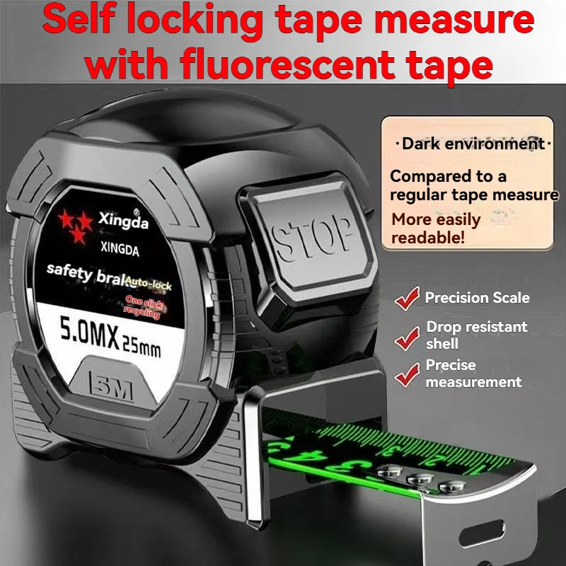 New Fluorescent Steel Tape Measure, Thickened and Wear-Resistant Self-Locking Tape Measure, 5m Household Engineering Measuring Tape, Anti-Drop High-Precision Tape Measure