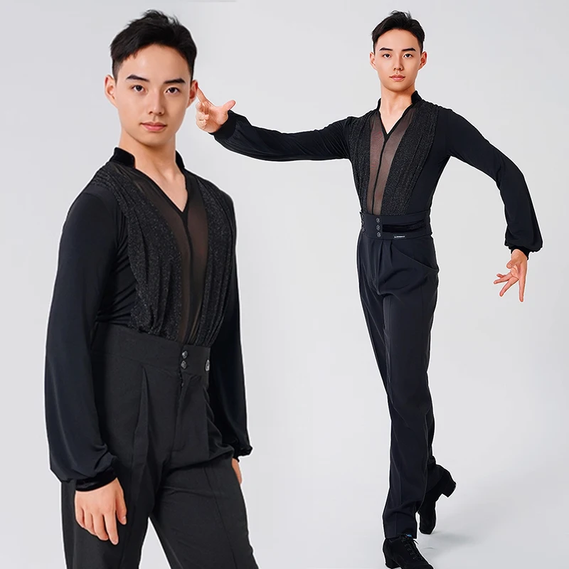 Men's Latin Dance Shirt Black Long Sleeve V-neck Top Man Ballroom Tango Performance Shirt ChaCha Latin Taining Clothes VDL2736