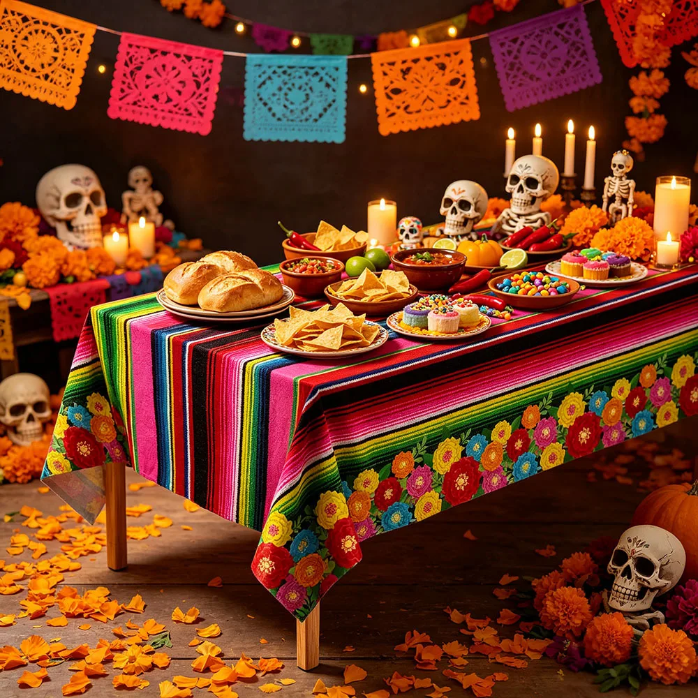1-10PCS Waterproof Disposable Mexican Tablecloth Colorful Striped Floral Print for Taco Night Birthday Fiesta Party Decor