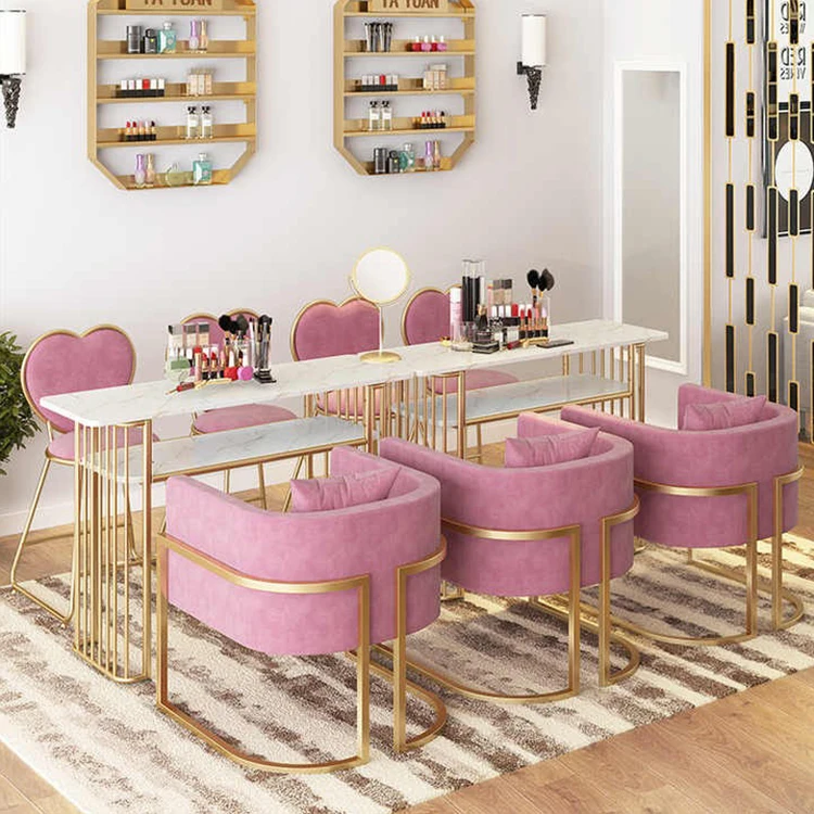Modern Beauty Shop Furniture White Marble Top Nail Art Table and Chair Set Luxury Gold Frame Salon Manicure Table
