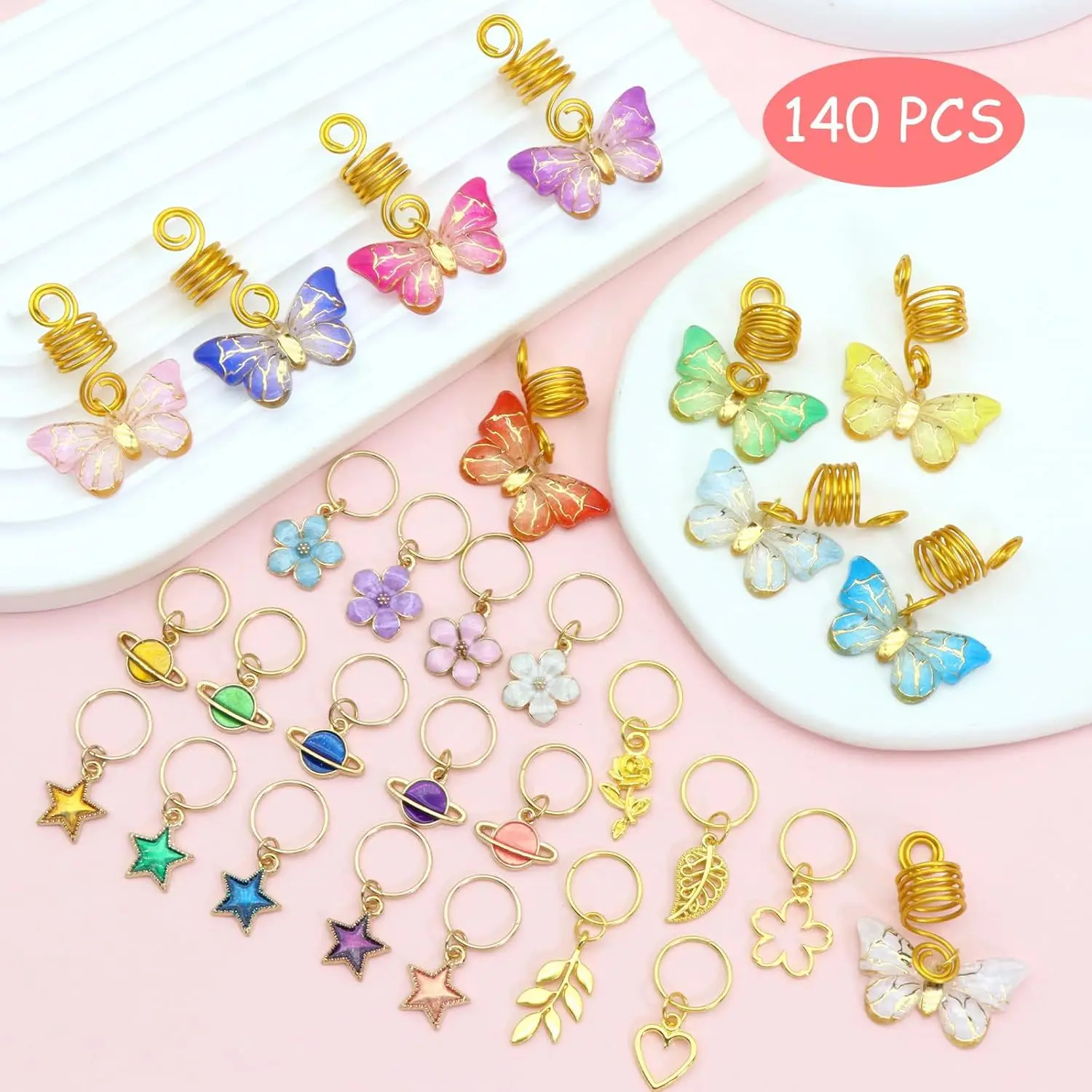 140PCS Women DIY Butterfly Flower Star Dreadlock Beads Hair Accessories for Braids Braid Clip In Hair Beads for Hair Braiding