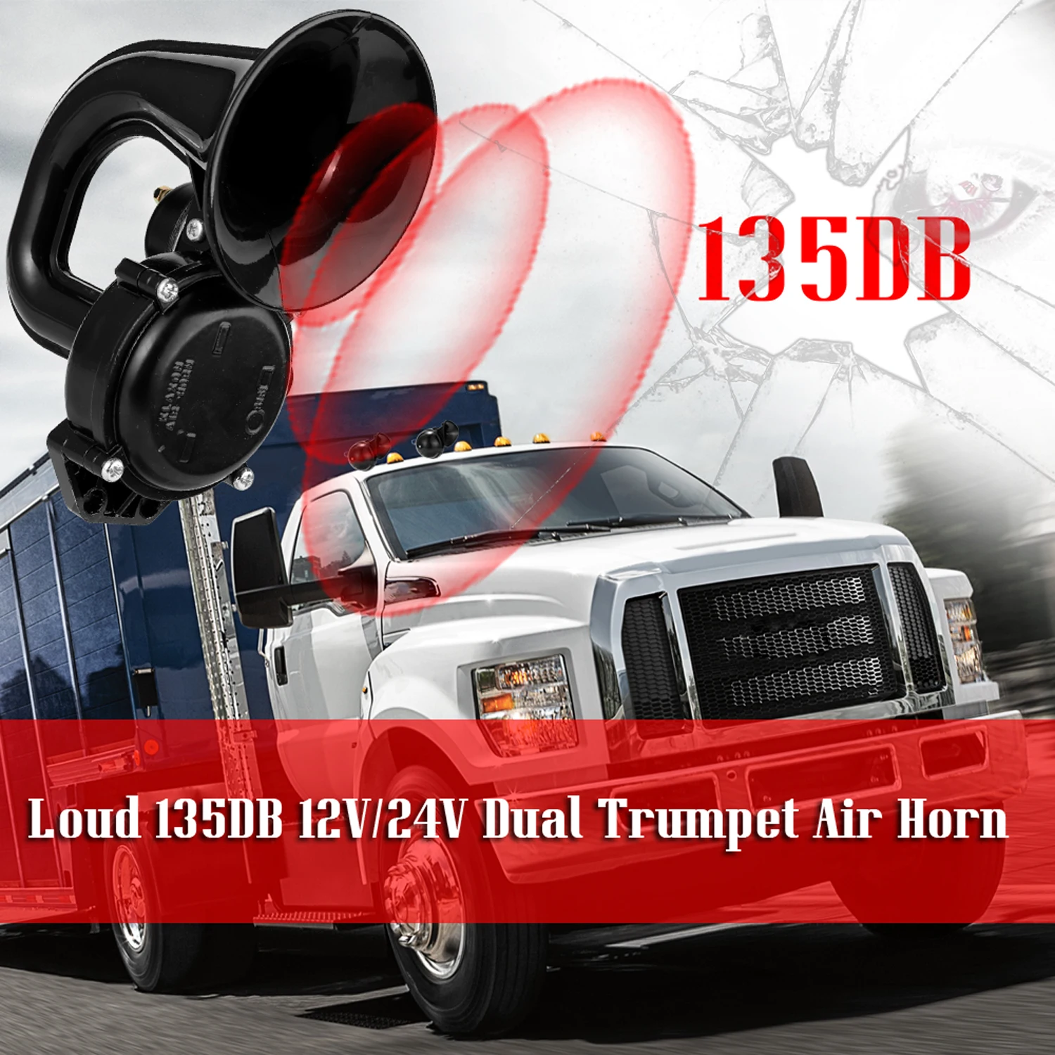 135db بصوت عال الهواء القرن شاحنة 135db بصوت عال الهواء القرن 12/24 فولت SuperLoud البوق الهواء القرن مع صمام كهربائي شاحنات السيارات المركبات #4