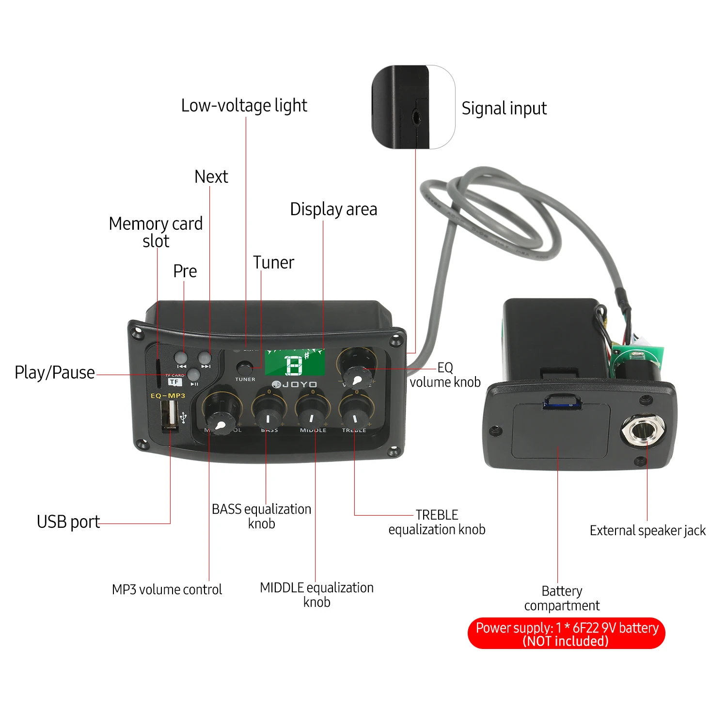 JOYO EQ-MP3 3-Band EQ Equalizer System Acoustic Guitar Preamp EQ Equalizer Piezo Pickup LCD Tuner Amplifier