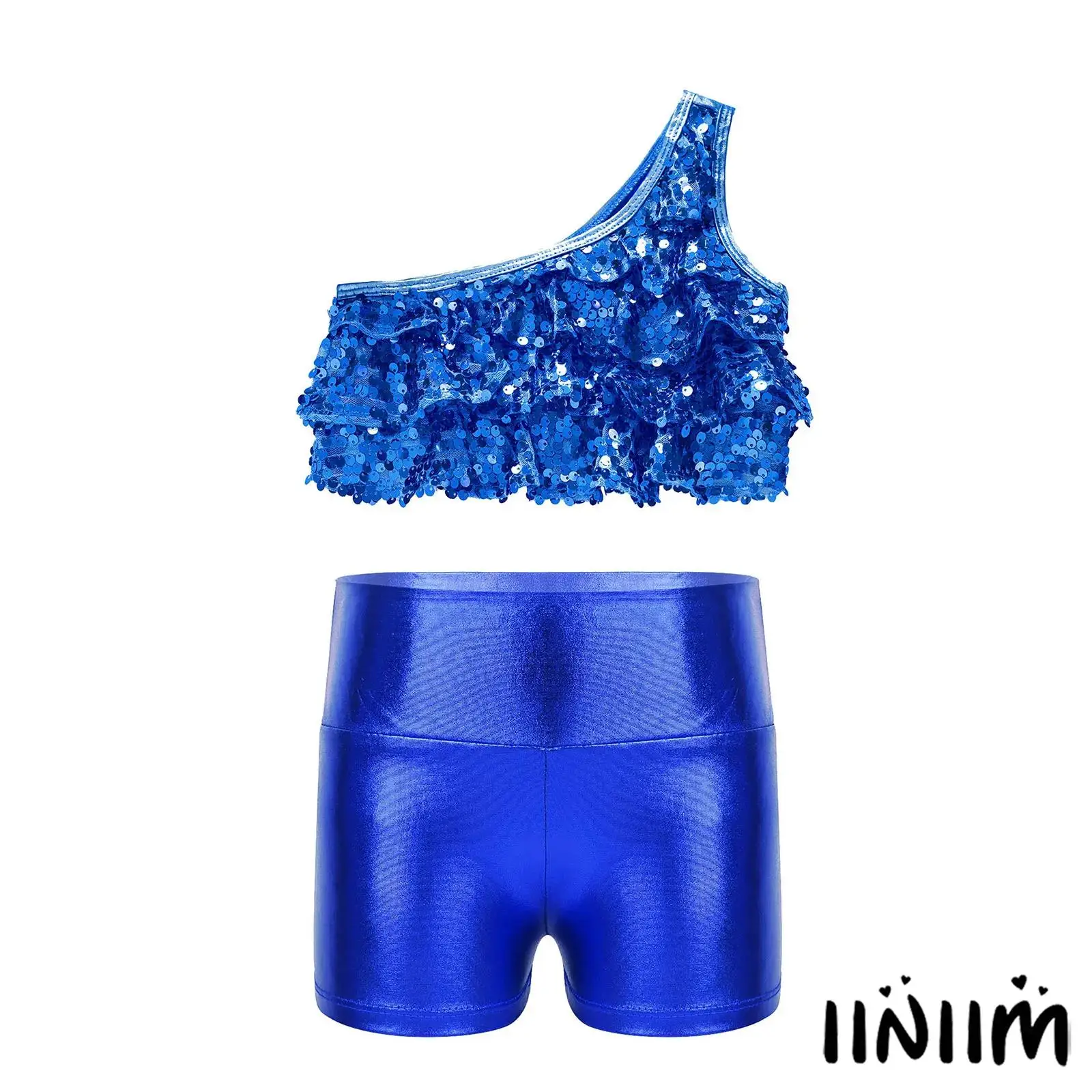 

Kids Girls Jazz Dance Costume Set One Shoulder Shiny Sequins Sleeveless Crop Top Tiered Ruffles Vest with High Waist Shorts