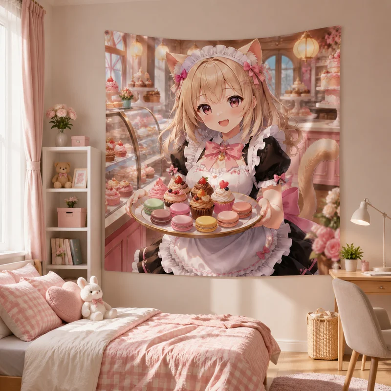 VIKAMA Cute Cat Maid Anime Tapestry, Pink Strawberry Dessert Kitchen Wall Hanging, Sweet Cat-Themed Girl Print Tapestry