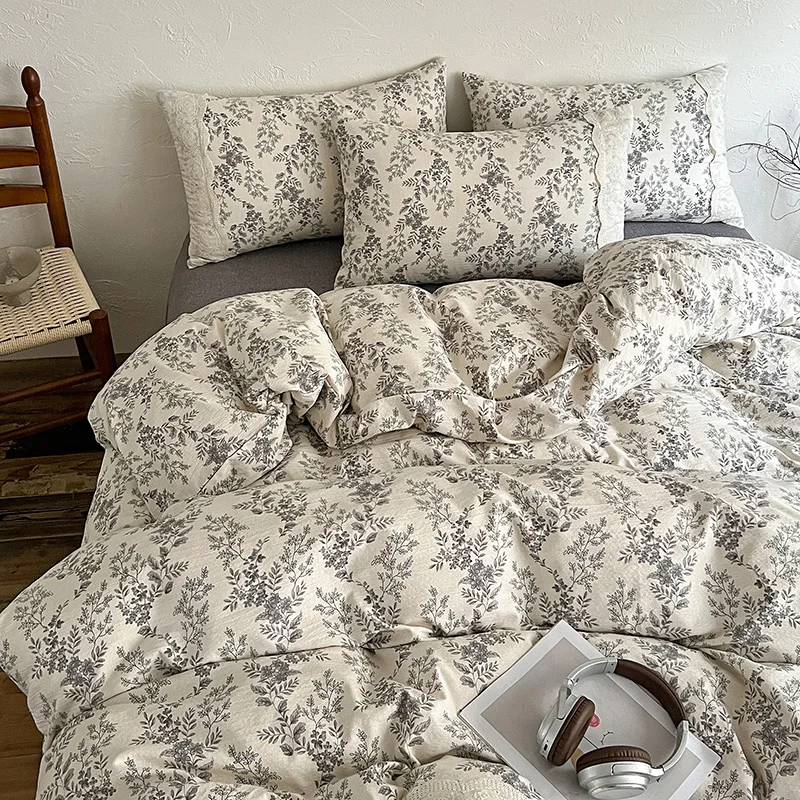 

4PCS Vintage Style Bedding Set Ins Princess Lace Duvet Cover Flat Sheet Set Twin Double Size Bed Sheet Set For Bedroom Decor